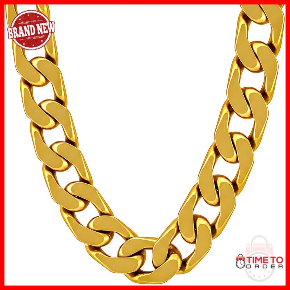 11.5mm Flat Cuban Link Chain Necklace 24k Gold Plated Men's Jewelry